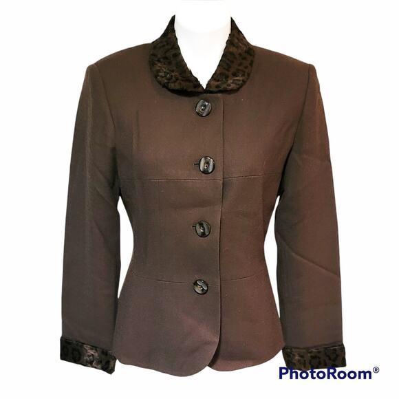 VINTAGE Kasper for ASL brown wool crepe faux fur collar & cuffs blazer size 6 - Picture 1 of 15